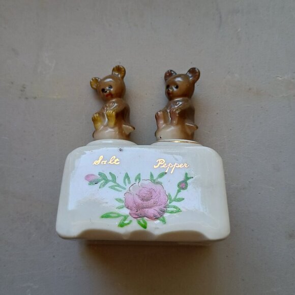 Vintage Nodder Salt & Pepper Shaker Set Teddy Bears with Holder Patent TT Japan - Picture 1 of 3